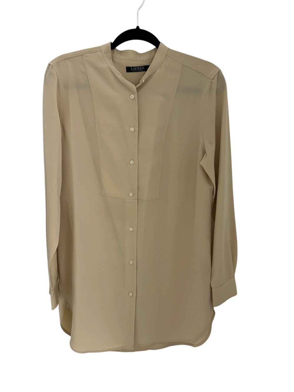 Lauren Ralph Lauren Tan Crepe Bib Front Tunic Blouse beige size medium